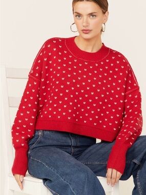 Free People Red Crewneck Sweater with White Dot Pattern